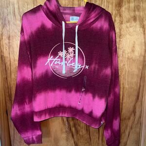 NWT Maroon Pink Striped Tie Dye Hurley Palm Tree Hoodie  Cropped Size Large